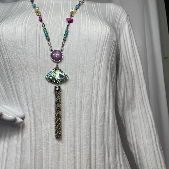 Chico's long pendant necklace mixed metals silver tone signed costume jewelry - Picture 3 of 13